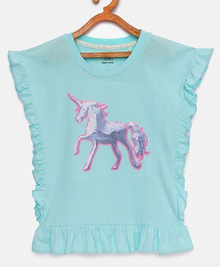 LOOCUST Short Sleeves Sequin Unicorn Detailing Top - Sky Blue