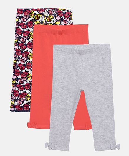 LOOCUST Pack Of 3 Butterfly Print & Solid Leggings - Red Grey