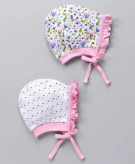 Babyhug 100% Cotton Caps With Knot Pink White Pack of 2 - Diameter 7 cm