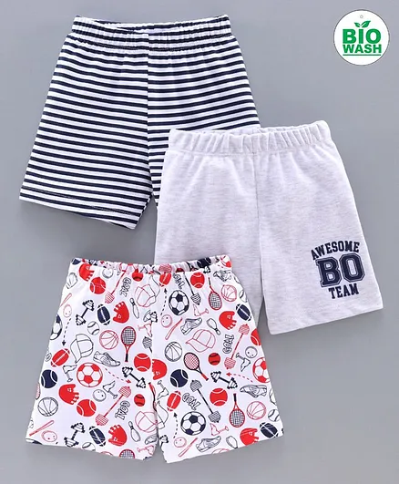 Babyoye Mid Thigh Length Shorts Sports Print Pack of 3 - Grey