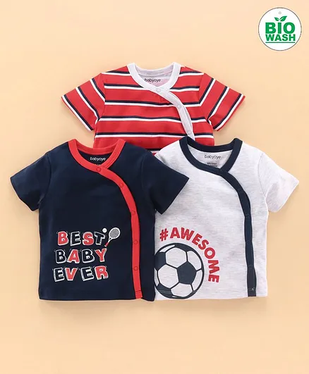 Babyoye 100% Cotton Half Sleeves Jhablas Multiprint Pack of 3 - Red Navy Blue Light Grey