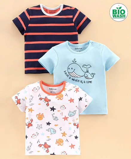 Babyoye Half Sleeves Cotton T- Shirt Pack of 3 - Blue