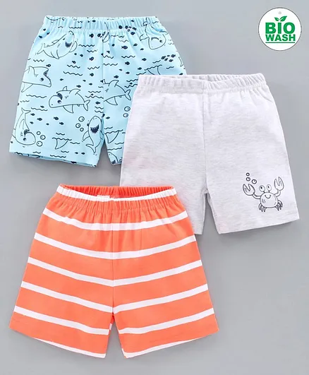 Babyoye Cotton Shorts Shark Print Pack of 3 - Blue Grey Orange
