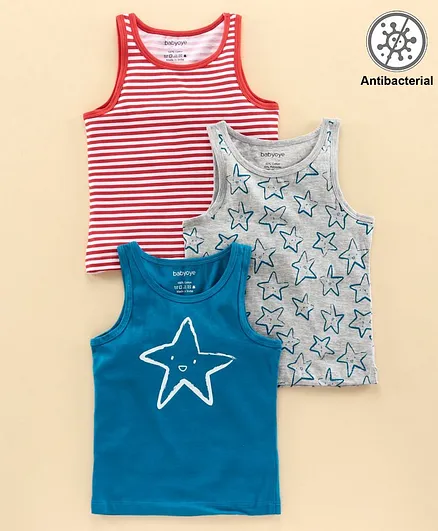 Babyoye Antibacterial Finish Boys Sleeveless Cotton Vest Pack Of 3 - Blue