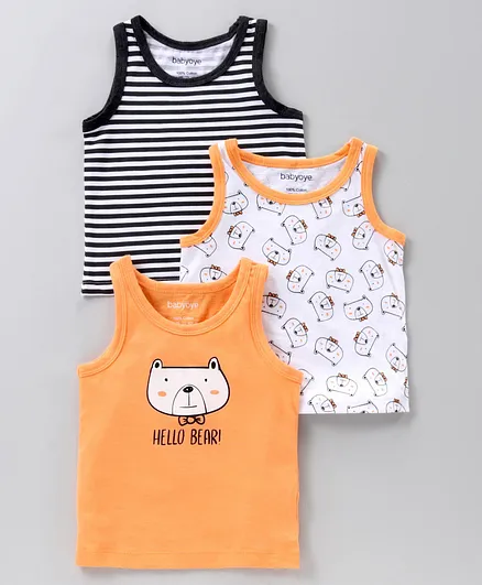 Babyoye Antibacterial Finish Sleeveless Vest Bear Print Pack of 3 - Orange