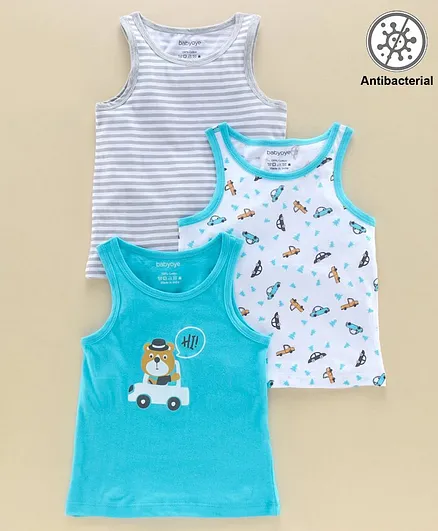 Babyoye Antibacterial Finish Sleeveless Cotton Printed Vests Pack of 3 - Blue