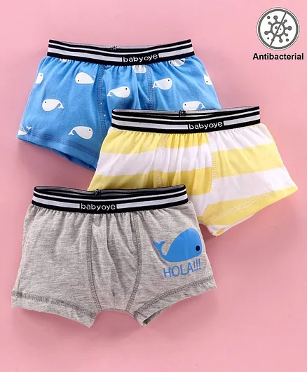 Babyoye Antibacterial Cotton Trunks Pack of 3 - Yellow Grey Blue