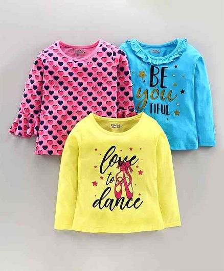 Eteenz Full Sleeves Tee Text Pack of 3 - Blue Pink Yellow