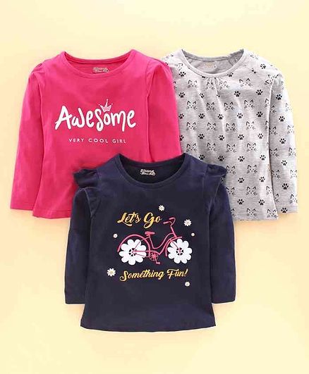 Eteenz Full Sleeves Tee Text Pack of 3 - Navy Blue Pink Grey