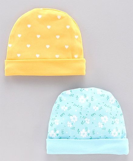 Babyhug Baby Cap Heart and Floral Print Blue Yellow Pack of 2 - Diameter 8.5 cm