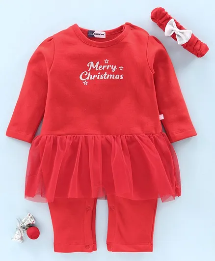 Mom's Love Full Sleeves Frock Style Onesie with Headband Christmas Print - Red
