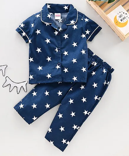 Babyhug Woven Cotton Half Sleeves Night Suit Star Print - Navy Blue