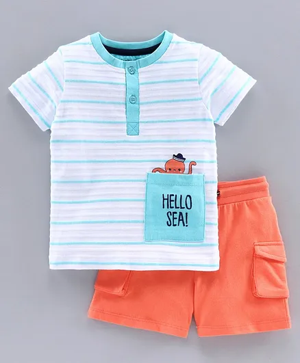 Babyoye Half Sleeves Tee with Shorts Hello Sea Print - Blue Orange