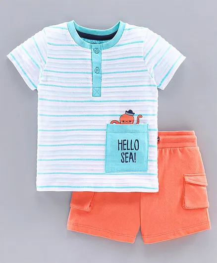 Babyoye Half Sleeves Tee with Shorts Hello Sea Print - Blue Orange