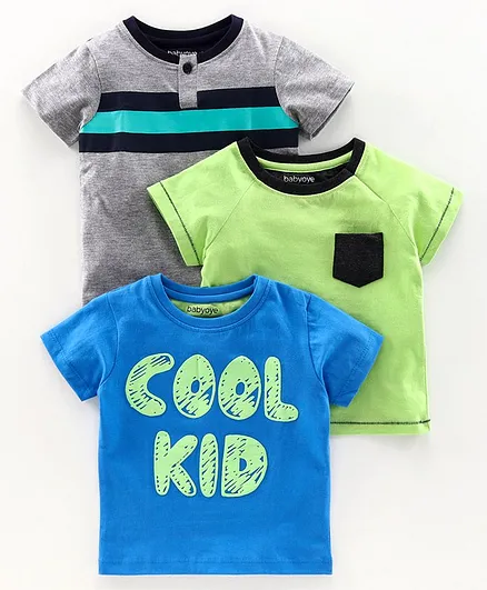 Babyoye Cotton Half Sleeves Tees Cool Kid Print Pack of 3 - Blue Green Grey