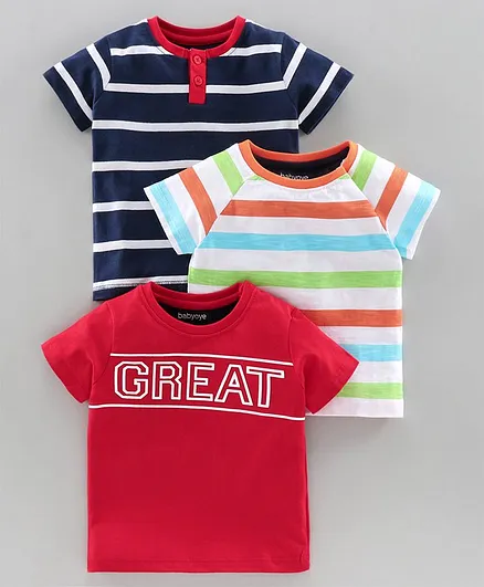 Babyoye Cotton Half Sleeves Tees Pack of 3 - Red White Navy Blue