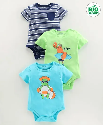 Babyoye Half Sleeves Multi Printed Cotton Onesies Pack of 3 - Blue Green