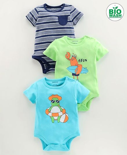 Babyoye Half Sleeves Multi Printed Cotton Onesies Pack of 3 - Blue Green