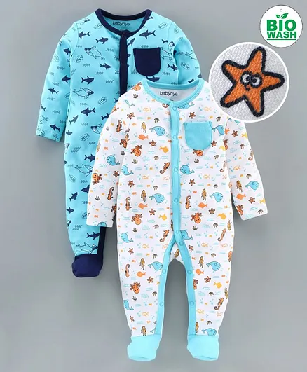 Babyoye Full Sleeves Sleepsuit Fish Print Pack of 2 - Blue