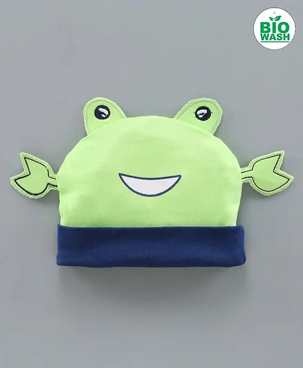 Babyoye Cotton Baby Cap With 3D Eyes Frog Design Green Blue - Diameter 10 cm