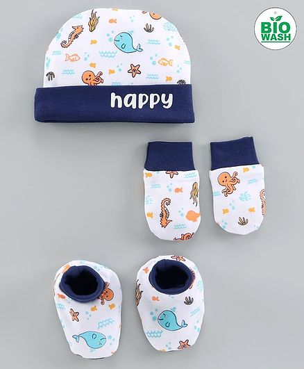 Babyoye Cap & Mittens With Booties Fish Print Blue White - Diameter 10.5 cm