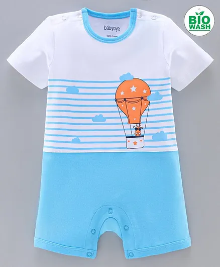 Babyoye Half Sleeves Cotton Blend Romper Hot Air Balloon Print - Blue