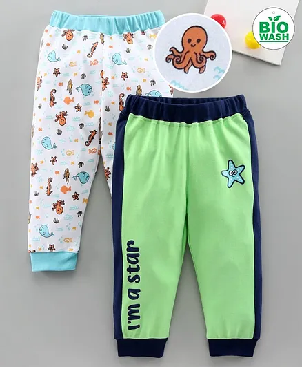 Babyoye Cotton Full Length Lounge & Track Pants Octopus Print Pack of 2 - Green White
