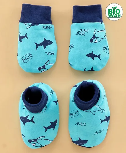 Babyoye Cotton Baby Mittens & Booties Shark Print - Blue