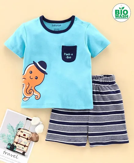 Babyoye Half Sleeves Bio Washed Tee And Shorts Set Octopus Print - Blue