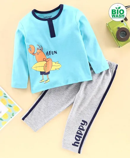 Babyoye Full Sleeves Bio Washed Tee with Pajamas Crab Print - Blue Grey