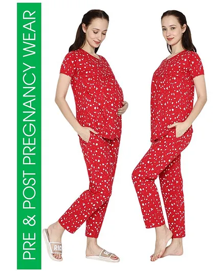 Mommy Fash'n Organic Cotton Full Sleeves Print Night Suit - Red