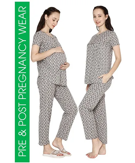 Mommy Fash'n Organic Cotton Full Sleeves Dots Print Night Suit - Grey