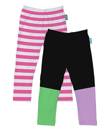 Plan B Set of 2 Striped Full Length Leggings - Black Pink & White
