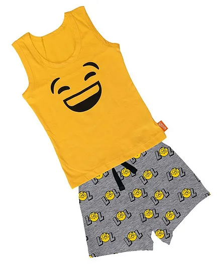 Plan B Sleeveless Face Print Vests With Boxer Shorts - Yellow & Grey