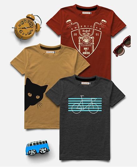 Hellcat Half Sleeves Cat Printed Pack Of 3 Tee - Multi Color