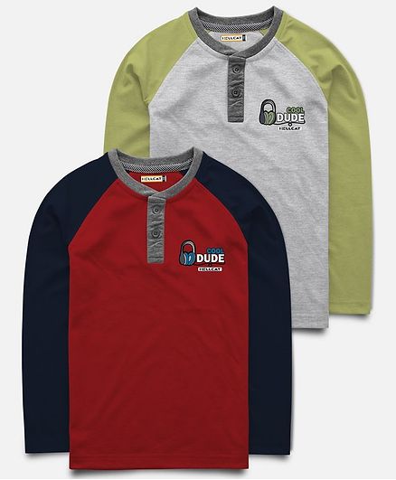 Hellcat Pack Of 2 Full Sleeves Cool Dude Print T-Shirt - Red & Green