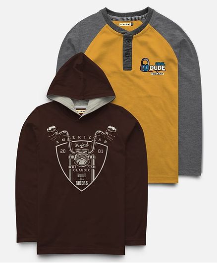 Hellcat Pack Of 2 Full Sleeves Built For Riders Print Hoodie & T-Shirt - Mustard & Black
