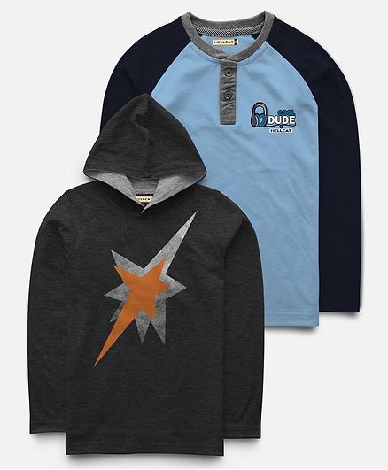 Hellcat Pack Of 2 Full Sleeves Star Print T-Shirt & Hoodie - Blue