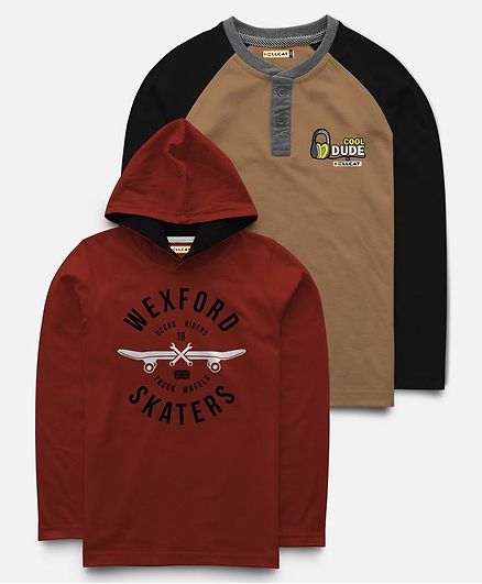 Hellcat Pack Of 2 Full Sleeves Skaters Print Hoodie With T-Shirt - Maroon & Brown