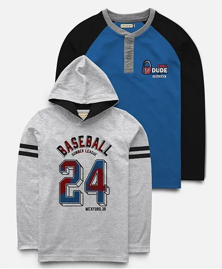 Hellcat Pack Of 2 Full Sleeves Baseball Print T-Shirt With Hoodie - Blue & Grey