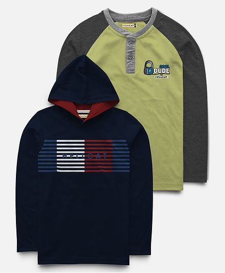 Hellcat Pack Of 2 Full Sleeves Print T-Shirt & Hoodie - Navy Blue & Green