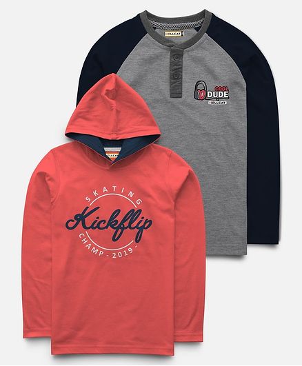 Hellcat Pack Of 2 Full Sleeves Kickflip Print T-Shirt With Hoodie - Grey & Red