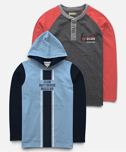 Hellcat Pack Of 2 Full Sleeves Club Bay Cruise Print Hoodie With T-Shirt - Grey & Blue