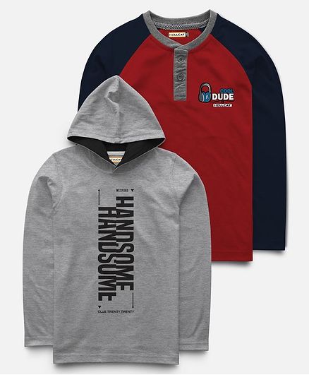 Hellcat Pack Of 2 Full Sleeves Handsome Print T-Shirt & Hoodie - Red & Grey