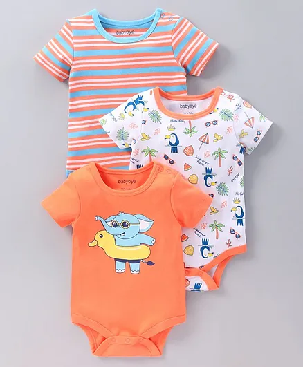Babyoye Half Sleeves Cotton Blend Biowash & Stripe Fabric Onesie Tropical Print Pack of 3 - Orange