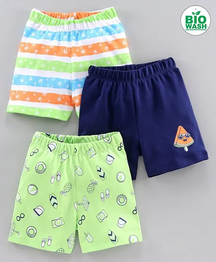 Babyoye Cotton Shorts Multiprint Pack of 3 - Green Blue Multicolour