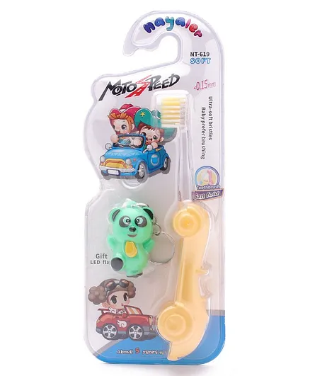 Toothbrush Ultra Soft Bristles Car Shape With Panda Key Chain - Yellow