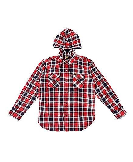 GINI & JONY Full Sleeves Checkered Hooded Shirt - Red