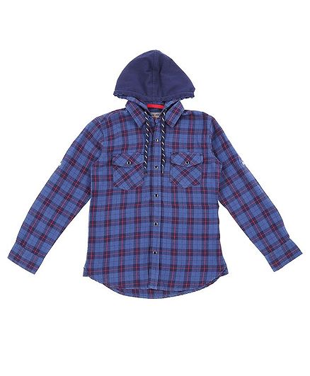 GINI & JONY Full Sleeves Checkered Hooded Shirt - Blue