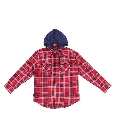 GINI & JONY Checked Full Sleeves Hooded Shirt - Red